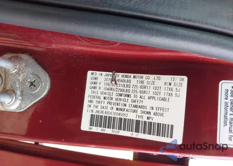 2007 Honda Cr-V Ex from USA, damaged, VIN JHLRE48567C045052